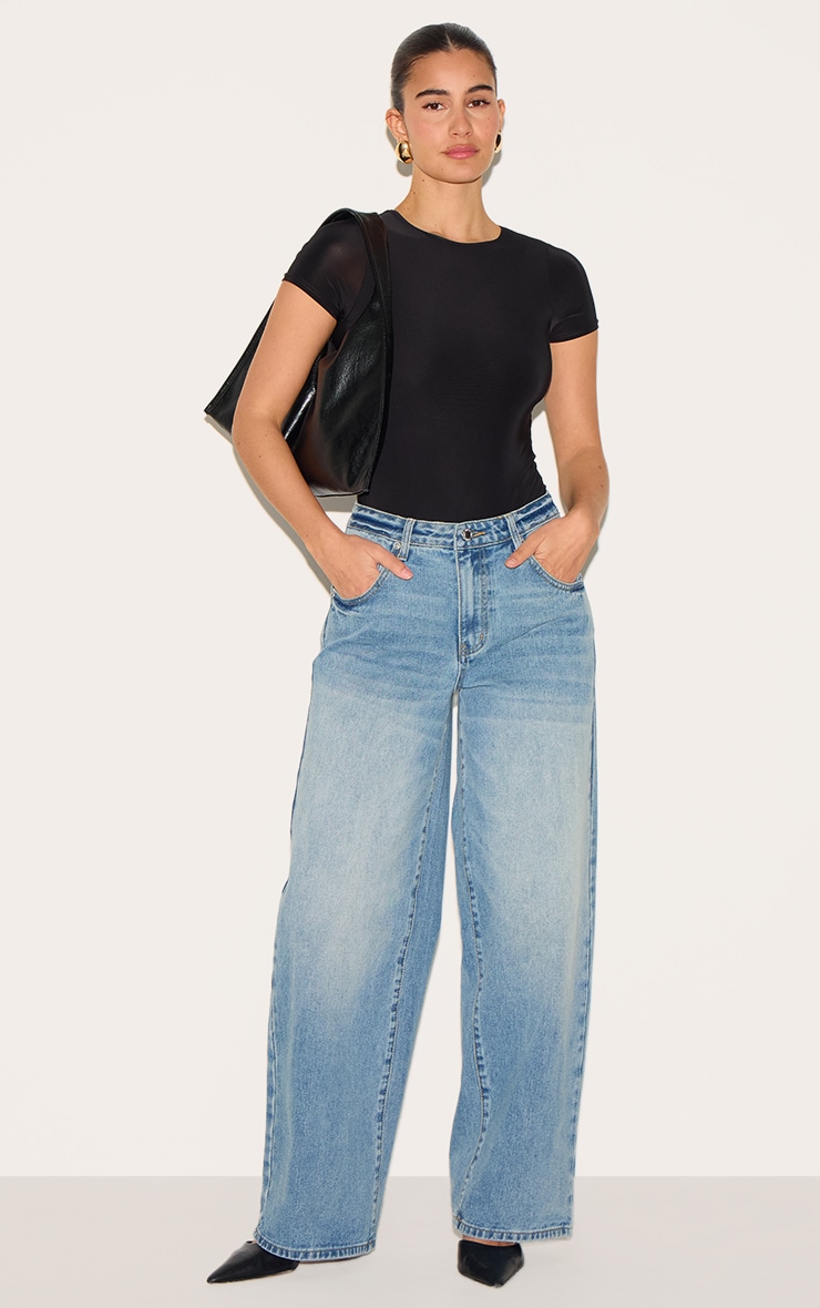 Black Basic Slinky Short Sleeve Bodysuit image 3