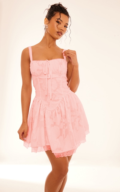 Pink Jacquard Ruched Cup Detail Shift Dress