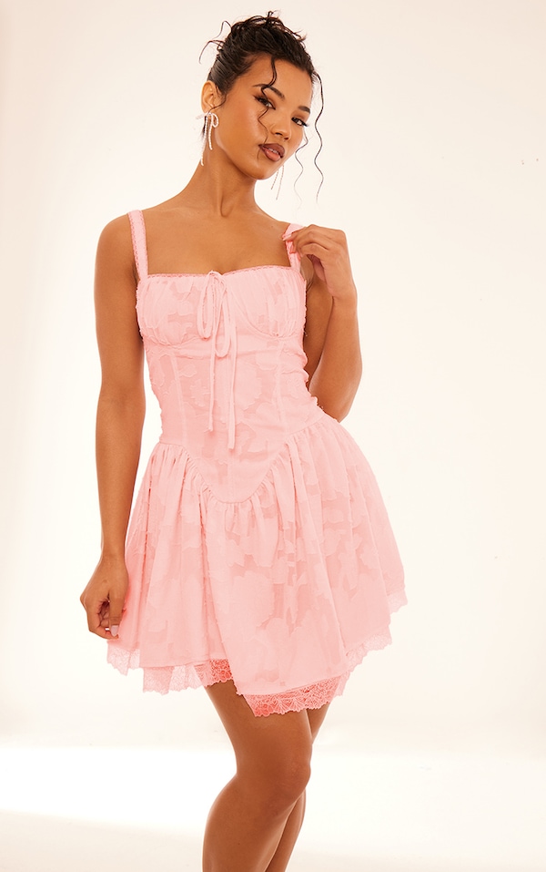 Pink Jacquard Ruched Cup Detail Shift Dress