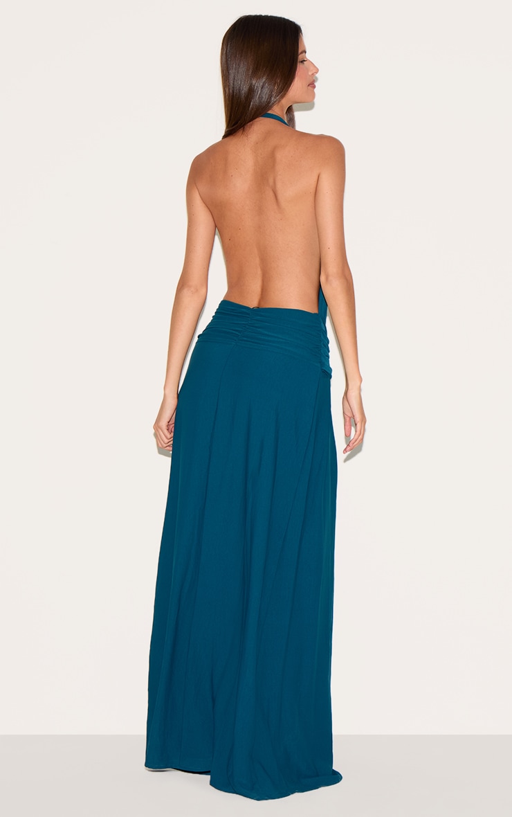 Robe longue fluide tissée bleu sarcelle à col bénitier et dos échancré image 2