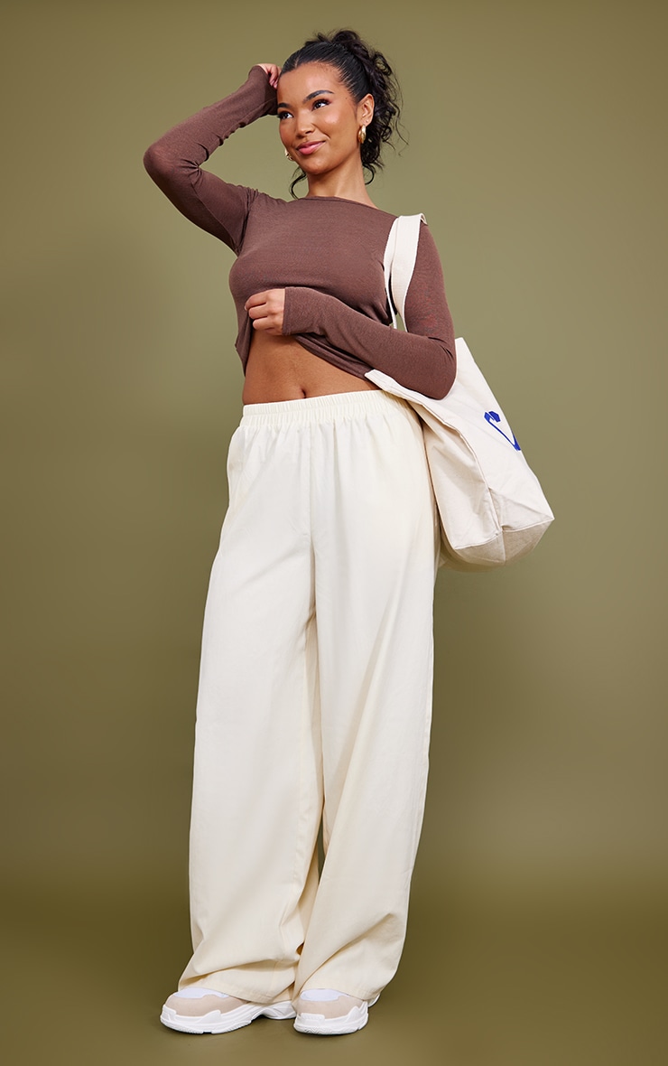 Cream Peach Skin Elasticated Waist Wide Leg Trousers image 1