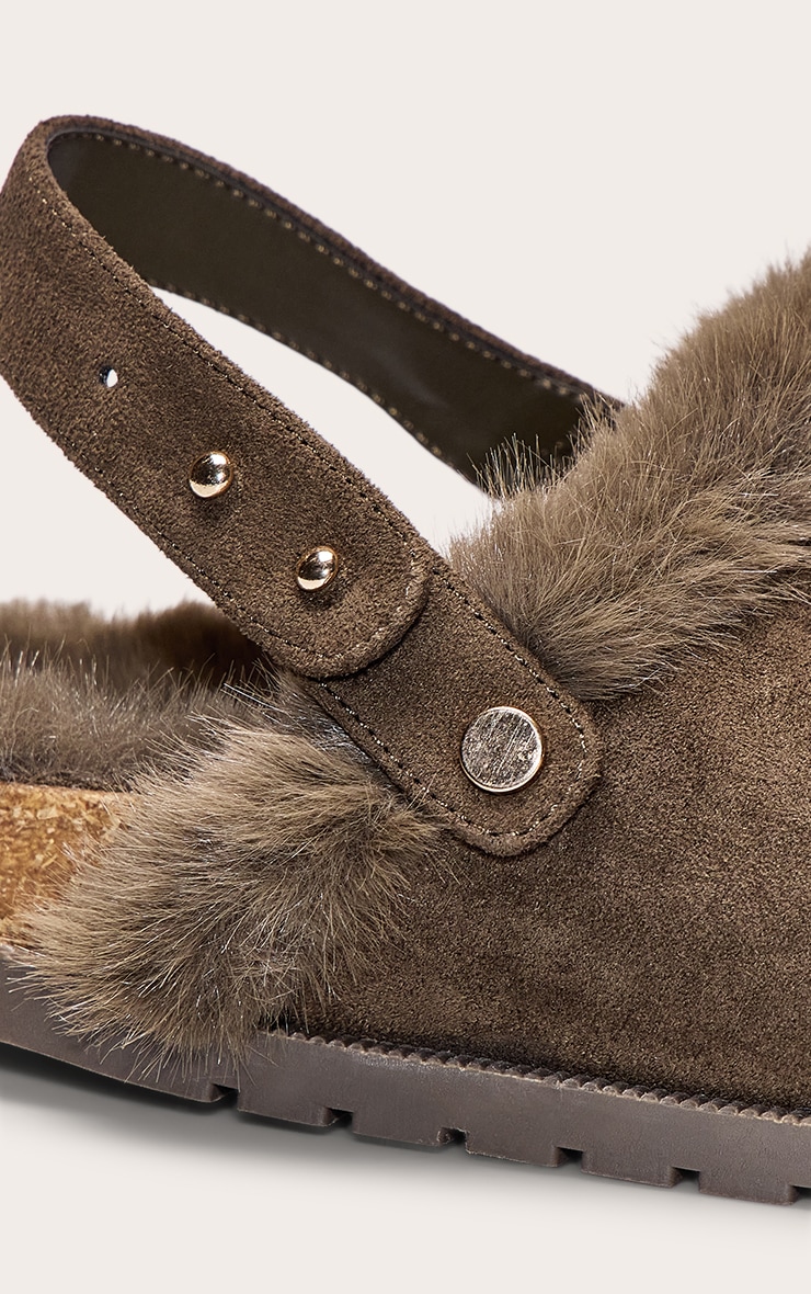 Khaki Faux Suede Faux Fur Lined Mules image 5