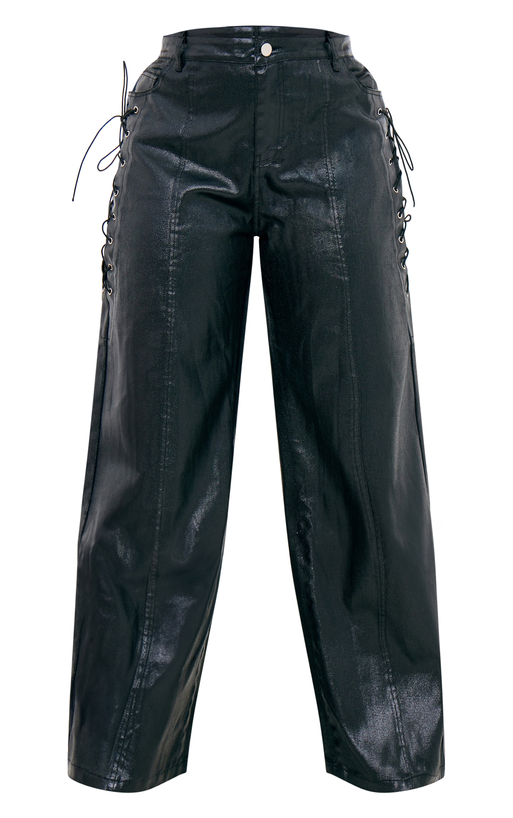 Plus Black Coated Denim Lace Up Wide Leg Jeans image 5