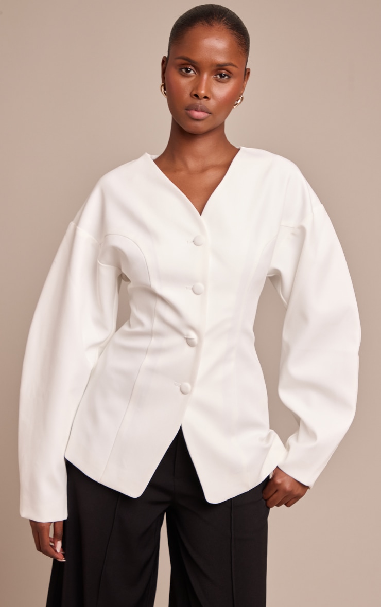 Cream Collarless Fabric Covered Button Blazer image 1