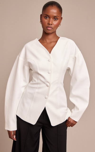 Cream Collarless Fabric Covered Button Blazer