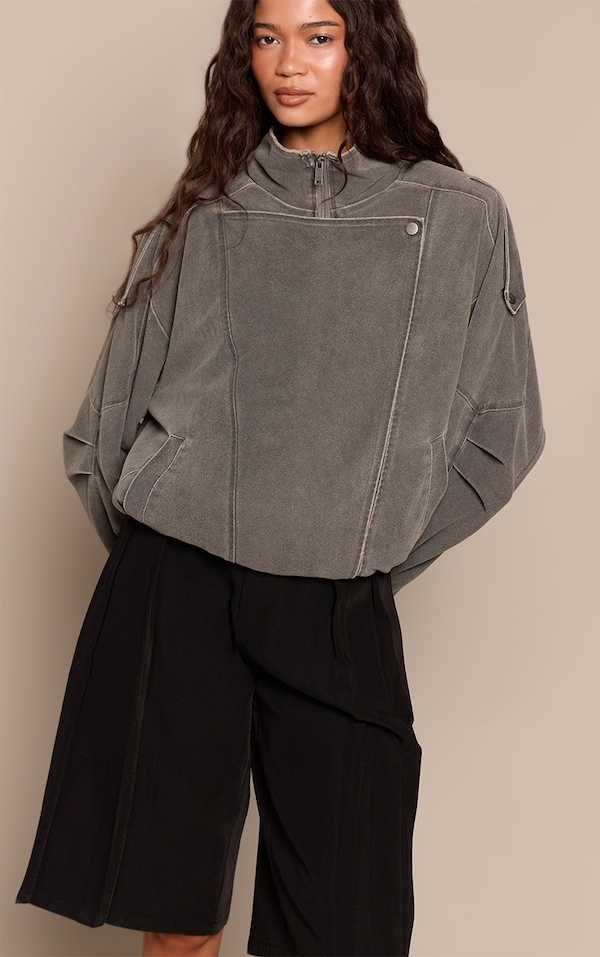 Grey Burnished Funnel Neck Low Belt Soft Suede Biker Jacket