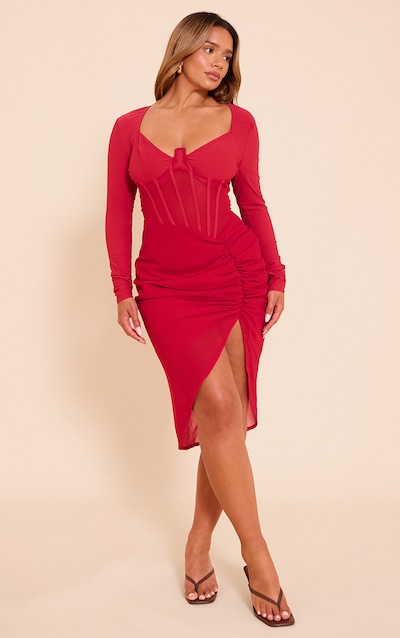 Shape Red Corset Detail Long Sleeve Ruched Midi Dress