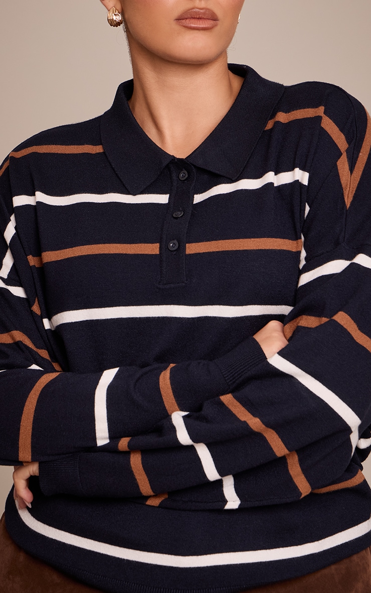 Plus Navy Stripe Polo Knit Long Sleeve Rugby Top image 4