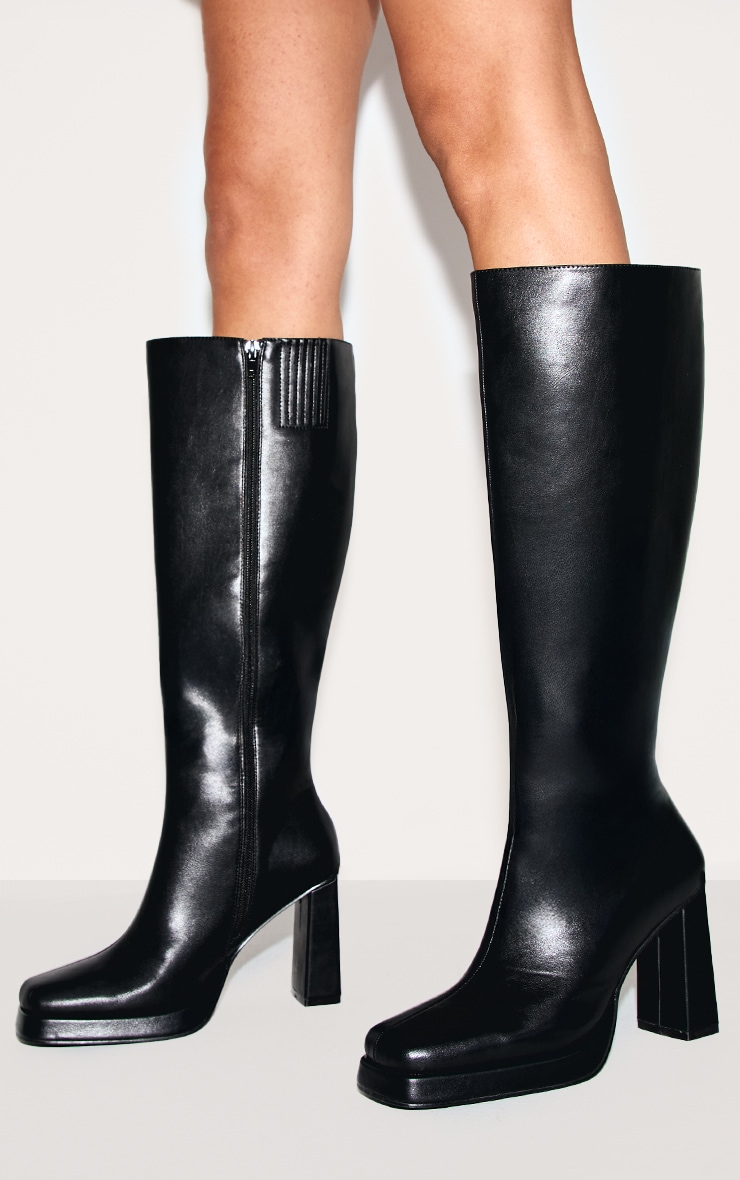 Black PU Square Toe Slight Platform Knee High Heeled Boots image 5