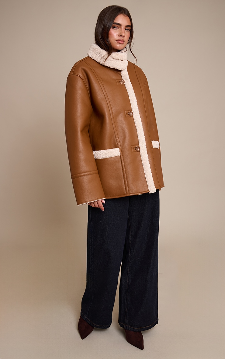 Tan Faux Leather Funnel Neck Aviator Coat image 3