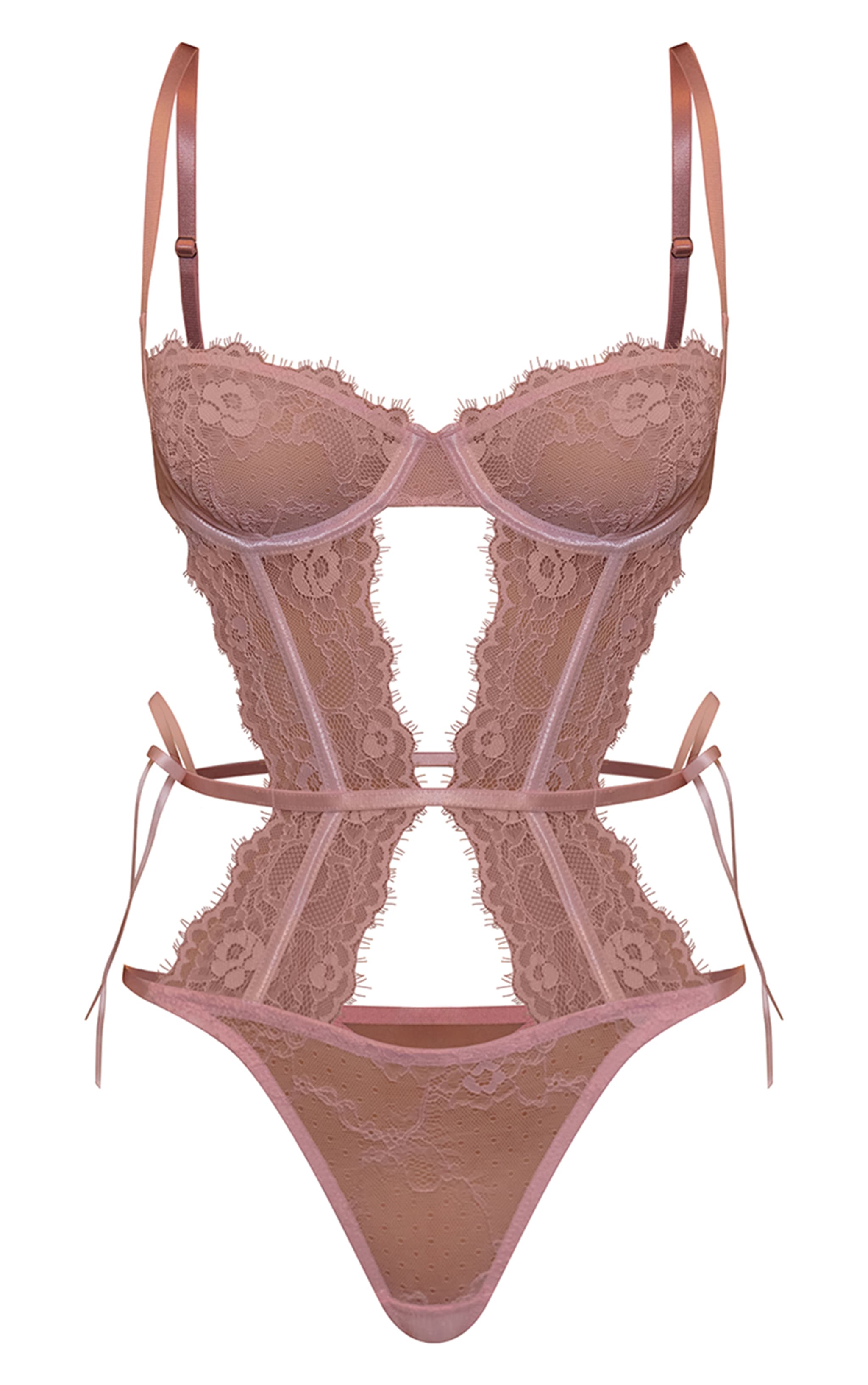 Pink Cut Out Side Tie Lace Detail Bodysuit image 6