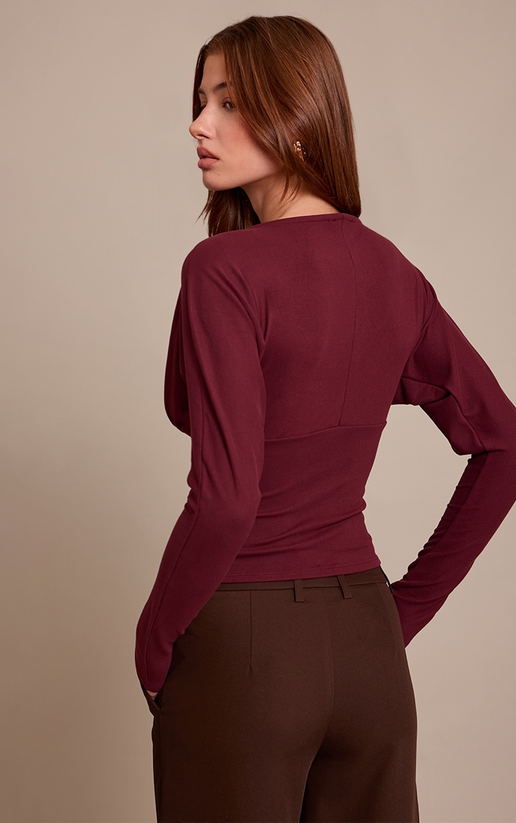 Wine Ultra Soft Plunge Detail Long Sleeve Top image 2