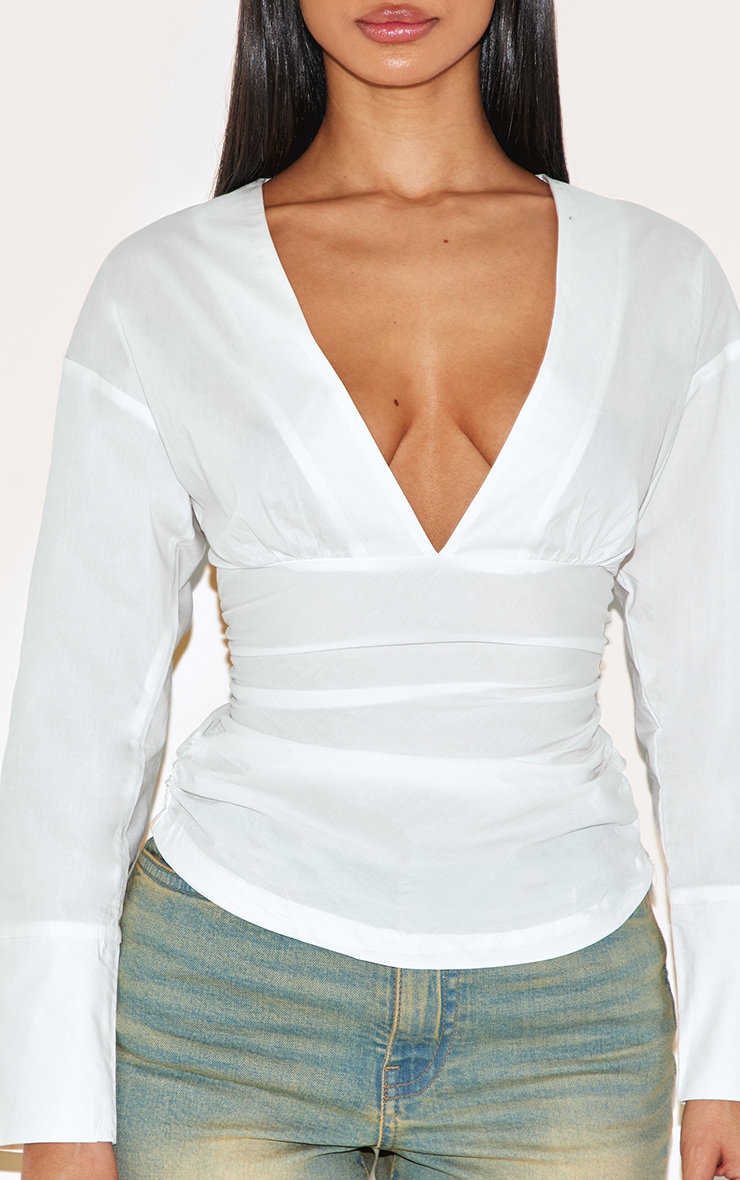 Petite White Fitted Ruched Waist Shirt image 4