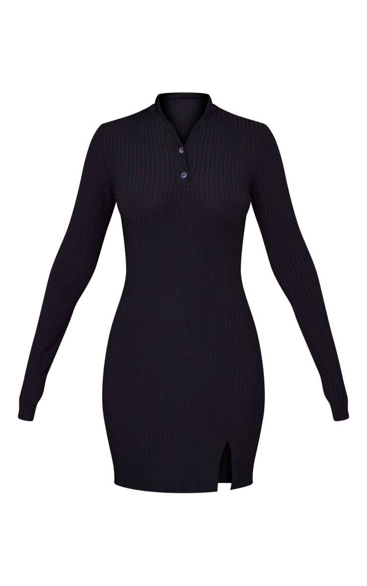 Black Rib Polo Long Sleeve Collar Bodycon Dress image 4