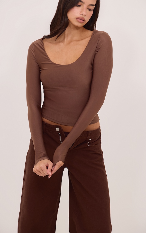 Espresso Polyamide Scoop Neck Long Sleeve Top 