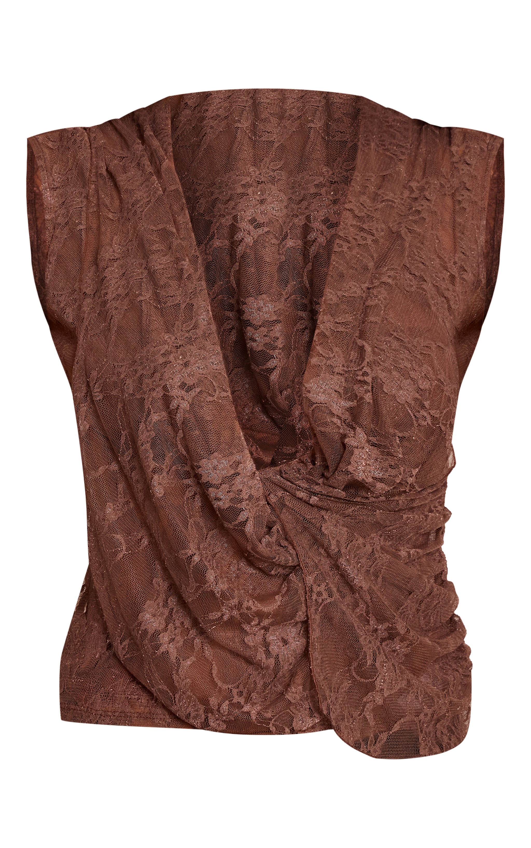 Chocolate Lace Cowl Drape Ruched Long Top image 5