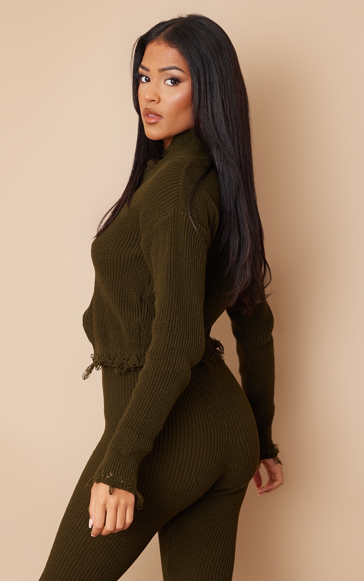 Tall Khaki Knitted Distressed Cardigan image 2