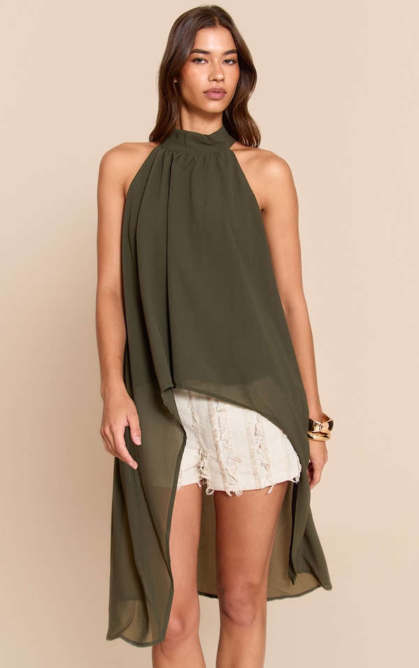 Khaki Chiffon Highneck Extreme Longline Top