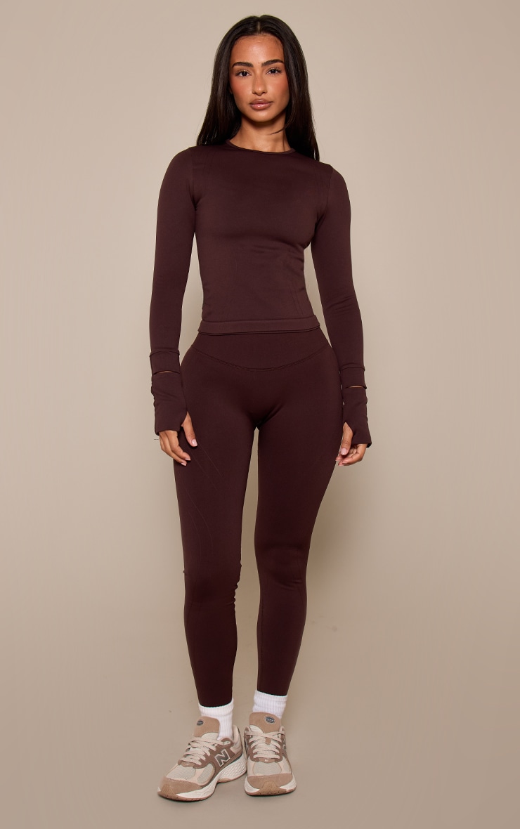 Petite PLT Chocolate Seamless Seam Detail Long Sleeve Top image 3