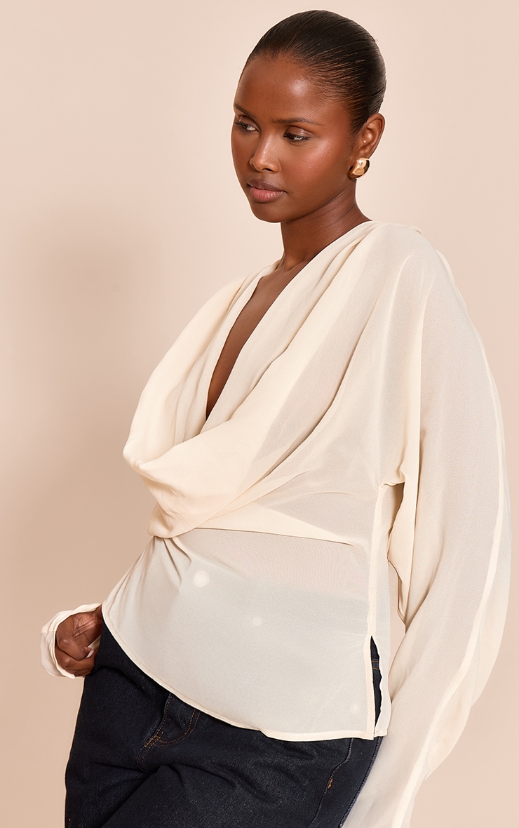 Cream Chiffon Cowl Neck Long Sleeve Blouse image 4