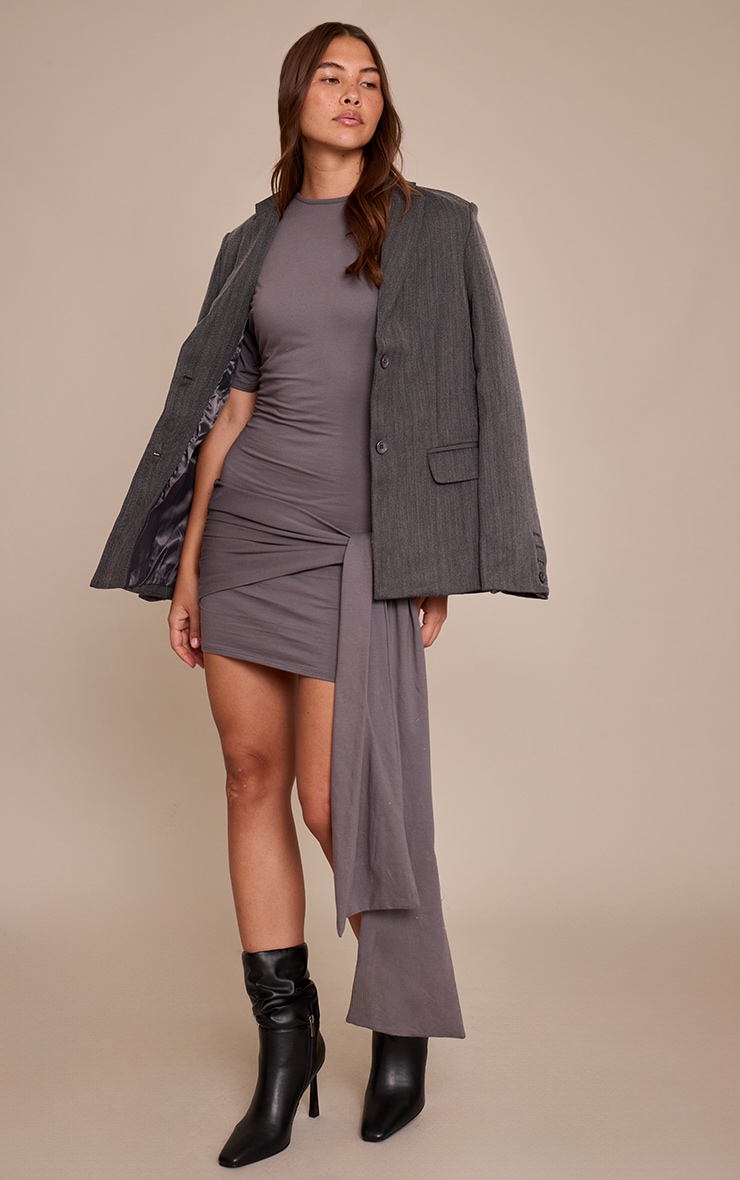 Grey Tie Wrap Short Sleeve Bodycon Dress image 3