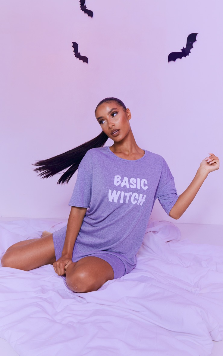 Grey Basic Witch Slogan Printed Nightie