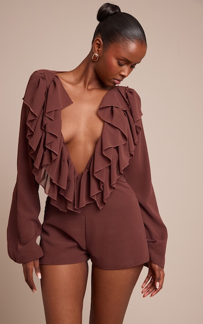 Chocolate Frill Detail V Neck Playsuit