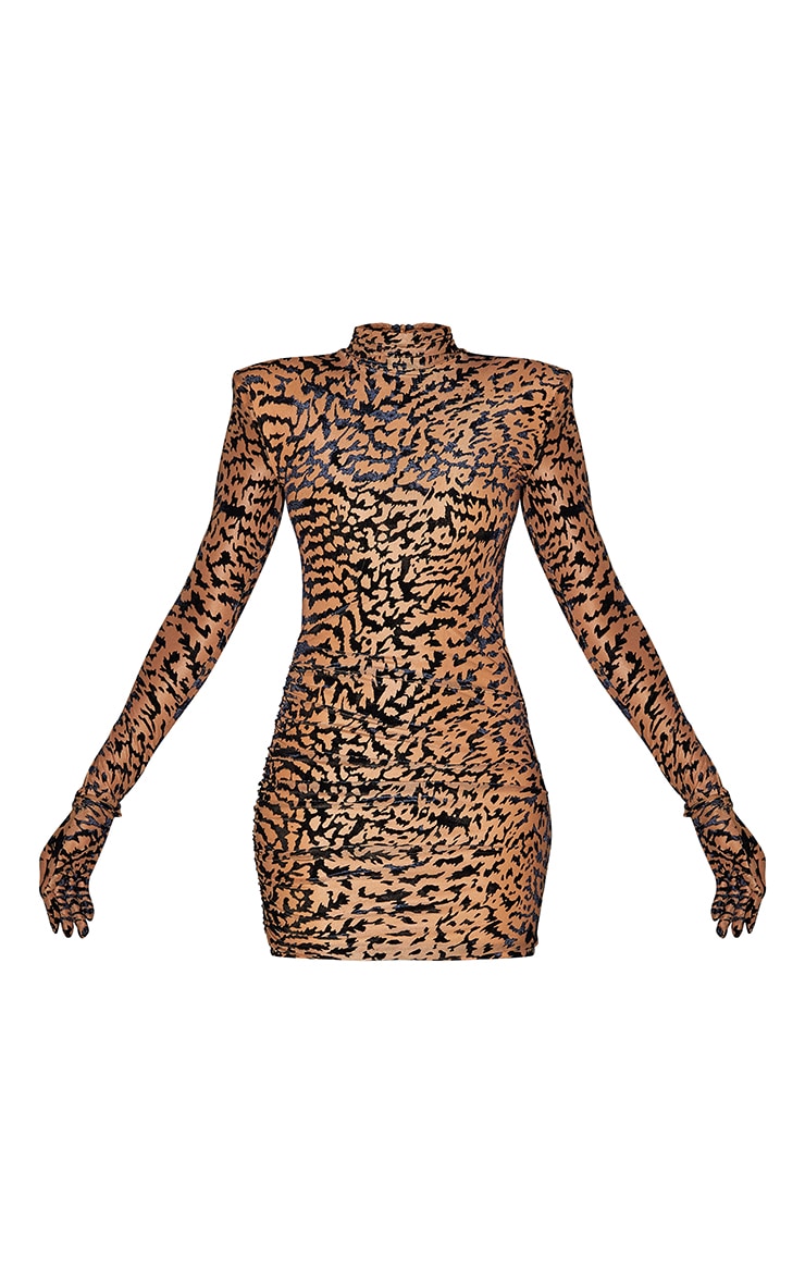 Nude Animal Print Flocked Long Sleeve High Neck Bodycon Dress image 5