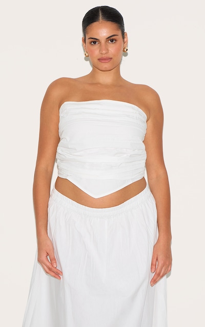 Plus White Cotton Poplin Bandeau Ruched Front Top