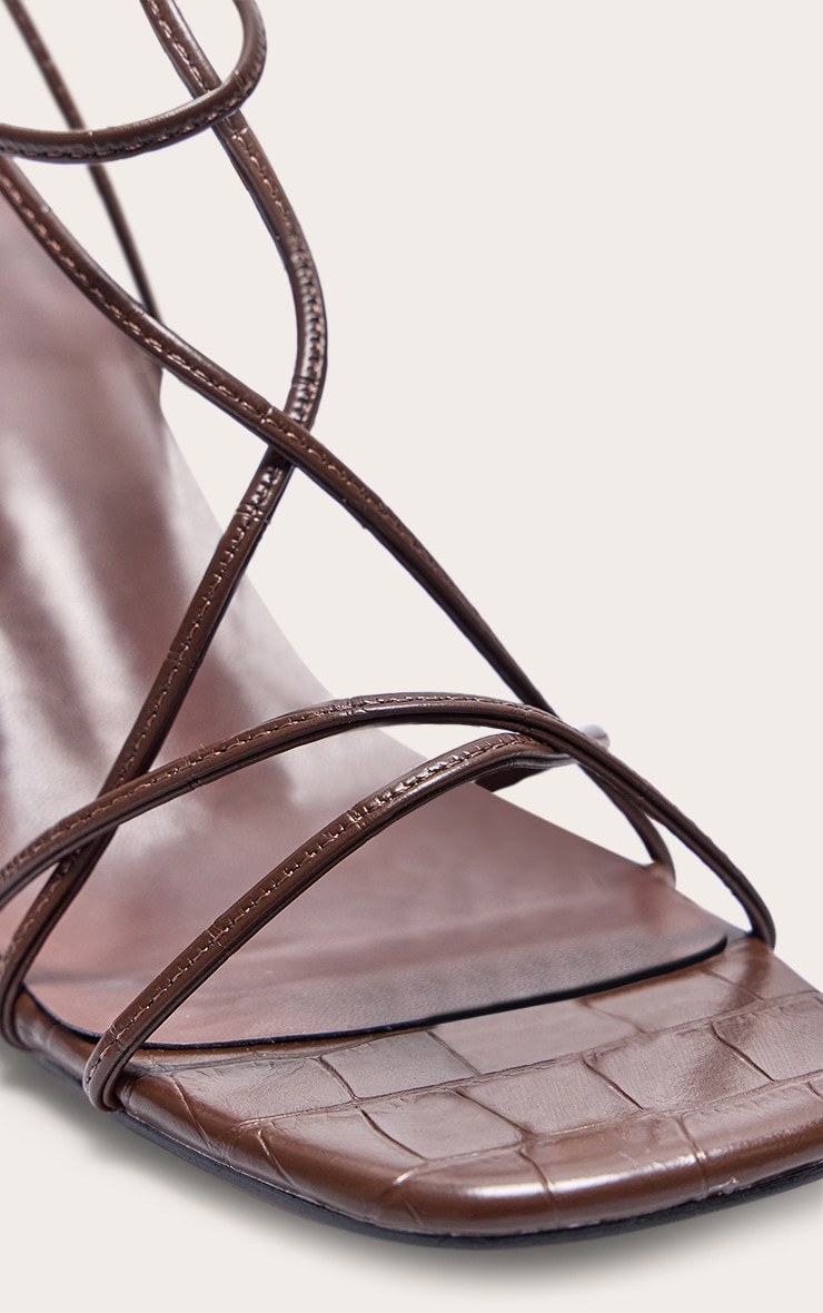 Chocolate Croc PU Round Toe Strappy Mid Block Heeled Sandals image 4