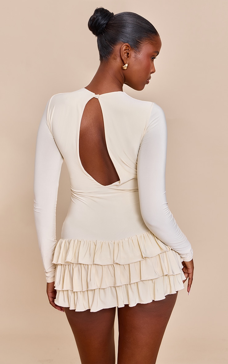 Cream Double Layer Slinky High Neck Long Sleeve Rara Skort Romper image 2