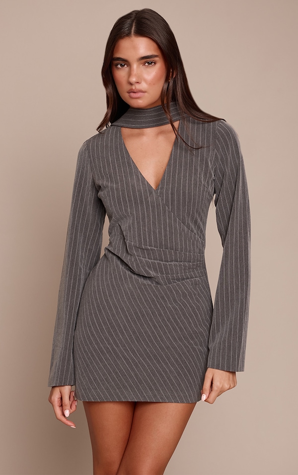 Charcoal Pinstripe Scarf Detail Long Sleeve Bodycon Dress