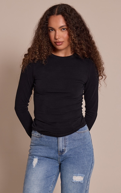 Tall Black Soft Cotton Crew Neck Longline Long Sleeve Top