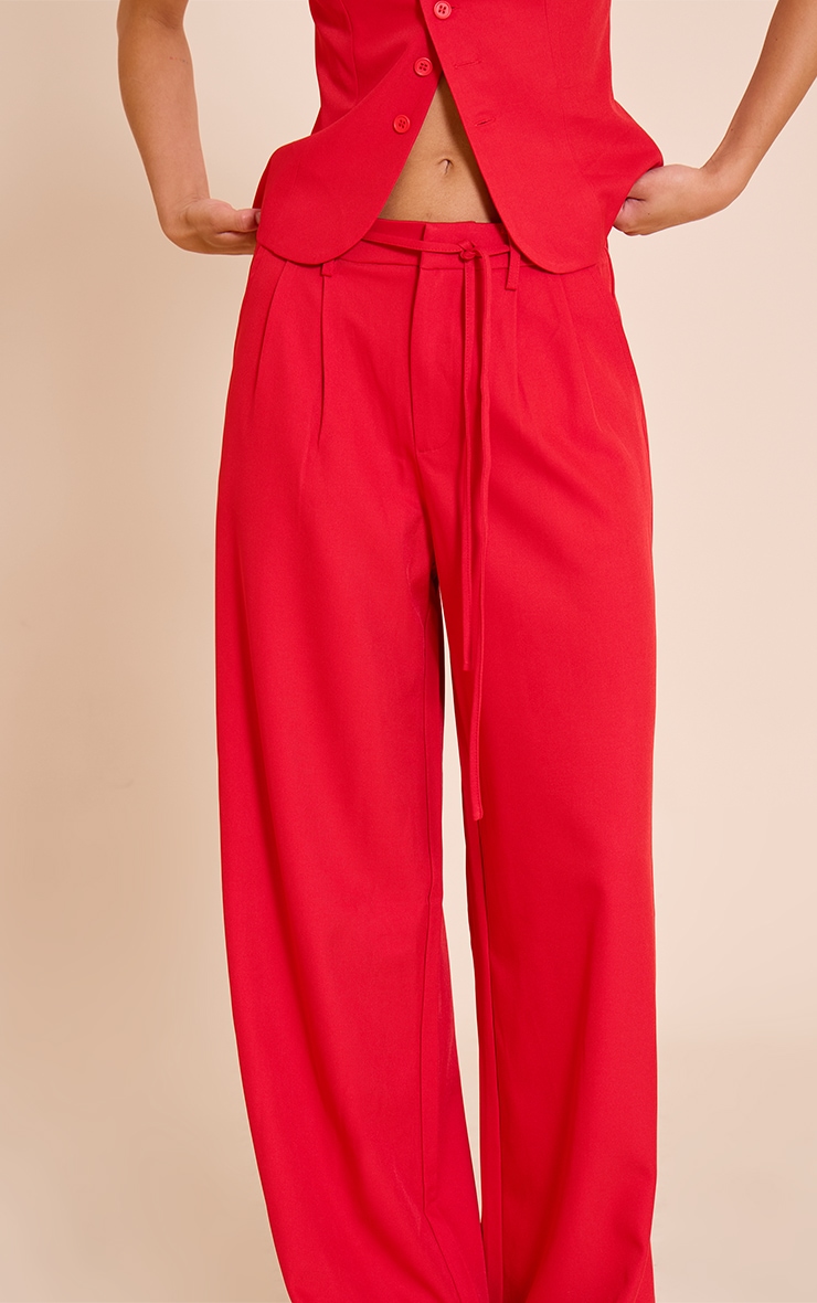 Tomato Red Tailored Tie Detail Woven Wide Leg Pants image 4