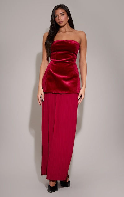 Wine Velvet Bandeau Pleated Chiffon Skirt Panel Maxi Dress
