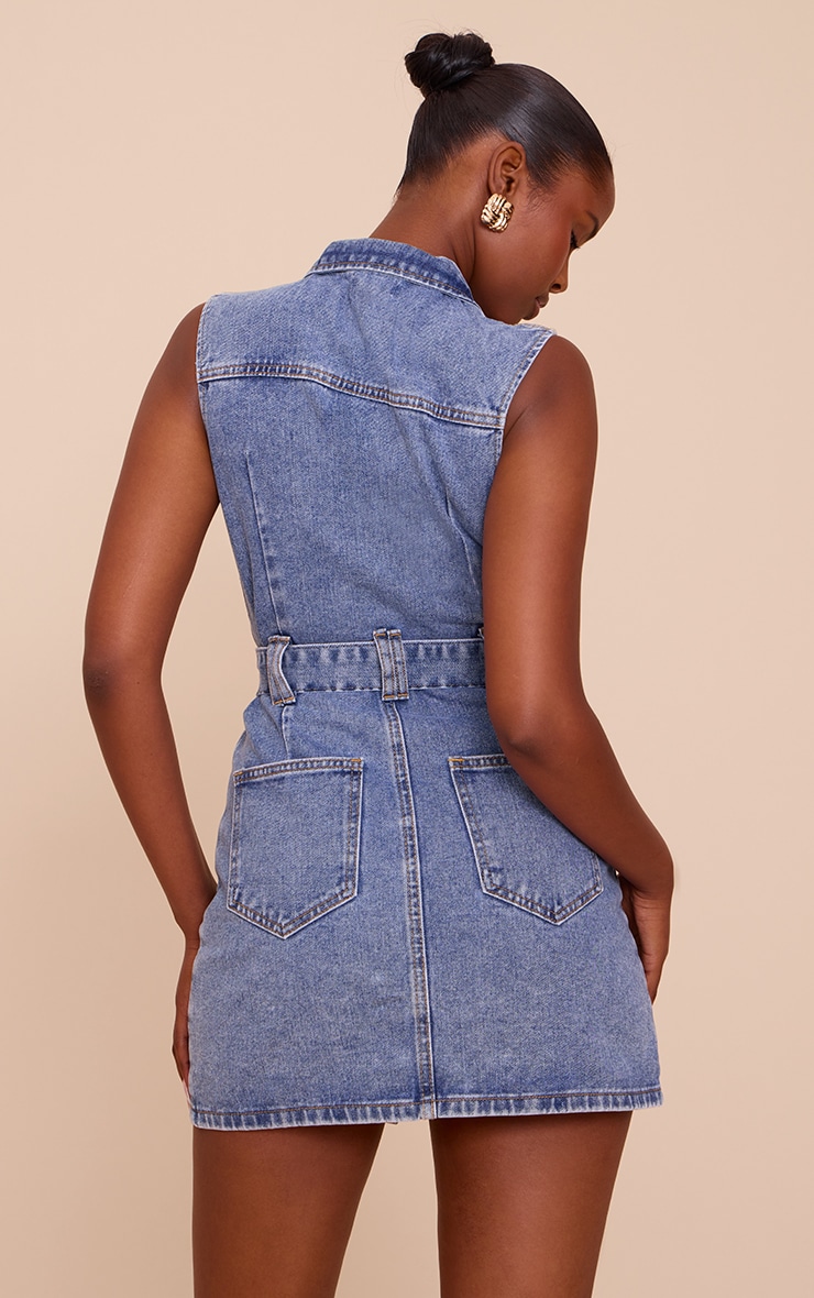 Light Blue Tie Waist Utility Style Denim Dress image 2