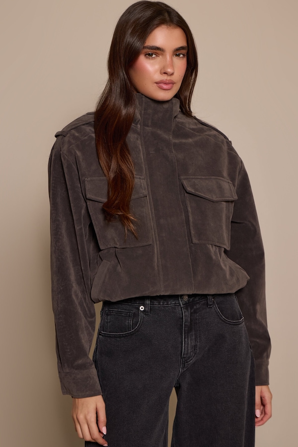 Dark Grey Funnel Neck Pocket Detail Faux Suede Bomber