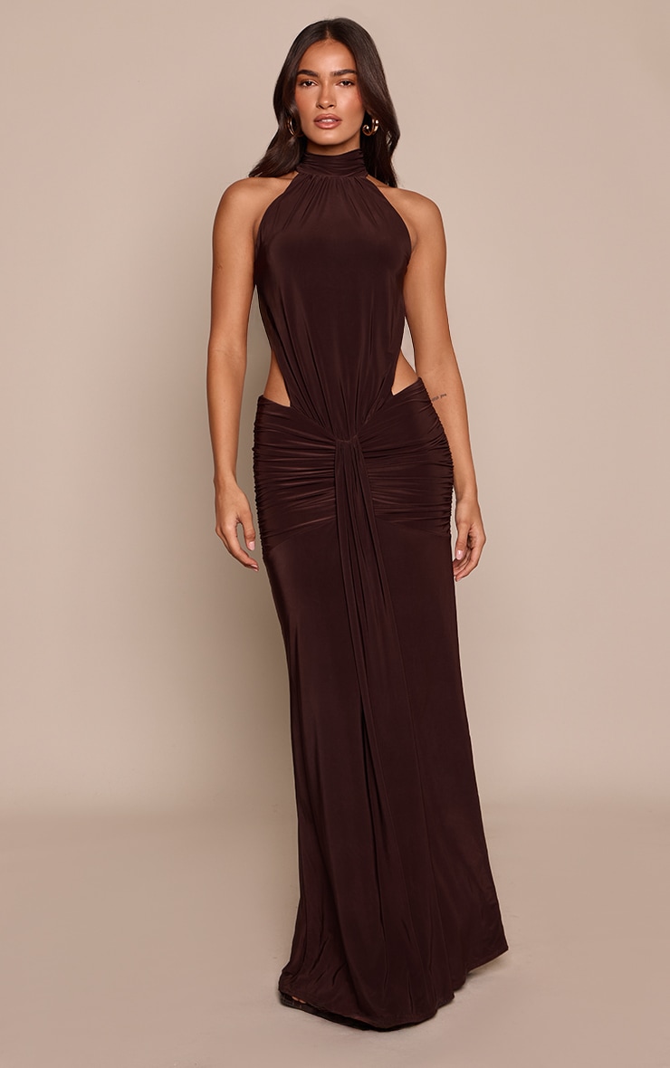 Chocolate Slinky High Neck Drape Detail Backless Maxi Dress