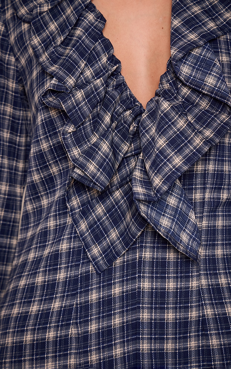 Navy Check Frill Long Sleeve Shift Mini Dress image 4