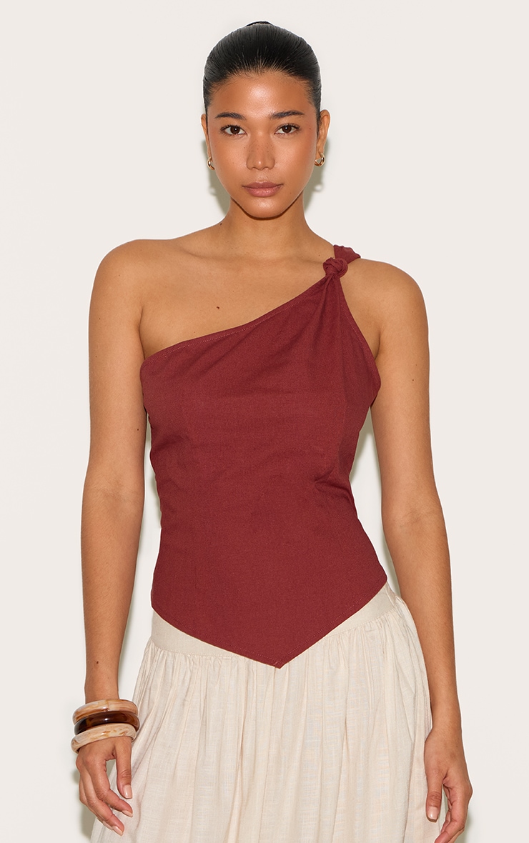 Deep Red Linen Look Neck Detail Long Top image 1