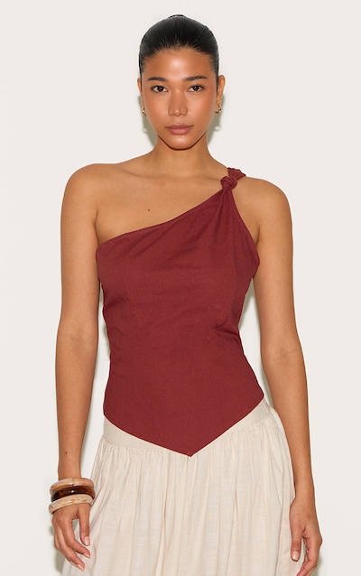 Deep Red Linen Look Neck Detail Long Top