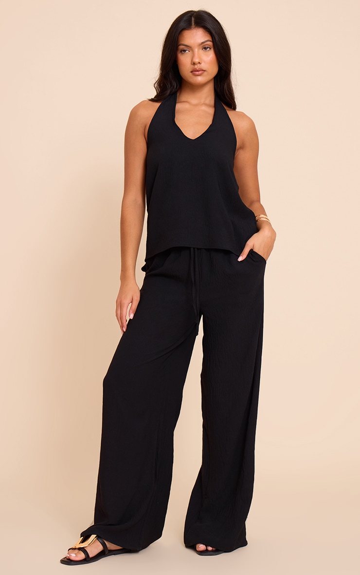 Black Textured Woven Casual Wide Leg Pants image 1