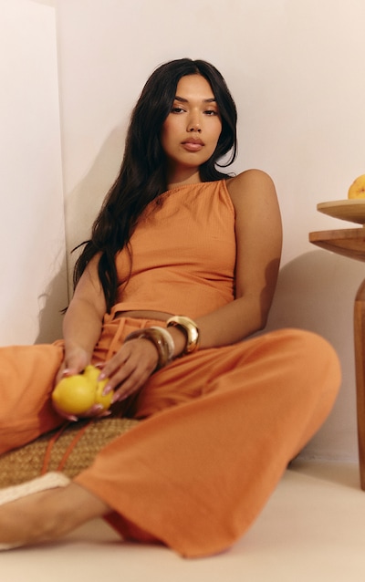 Pantalon droit texturé orange brûlé à cordons ajustables