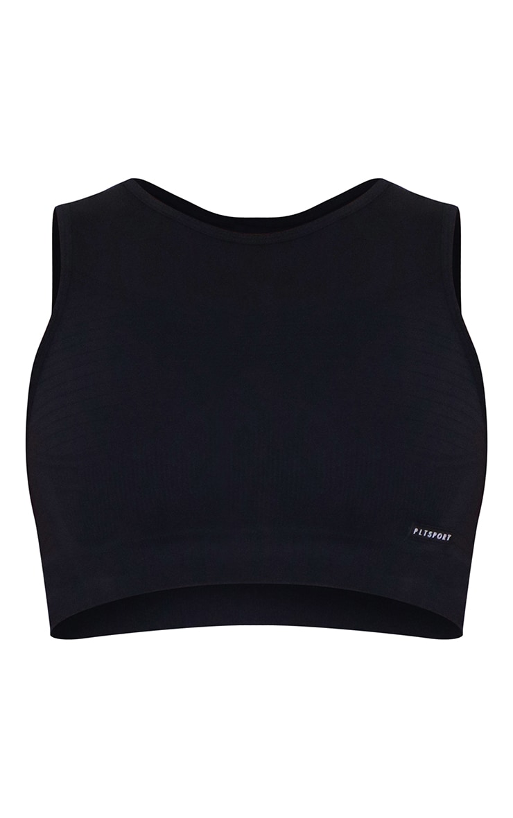 Black Seamless Rib Hem High Neck Cropped Sports Top image 5