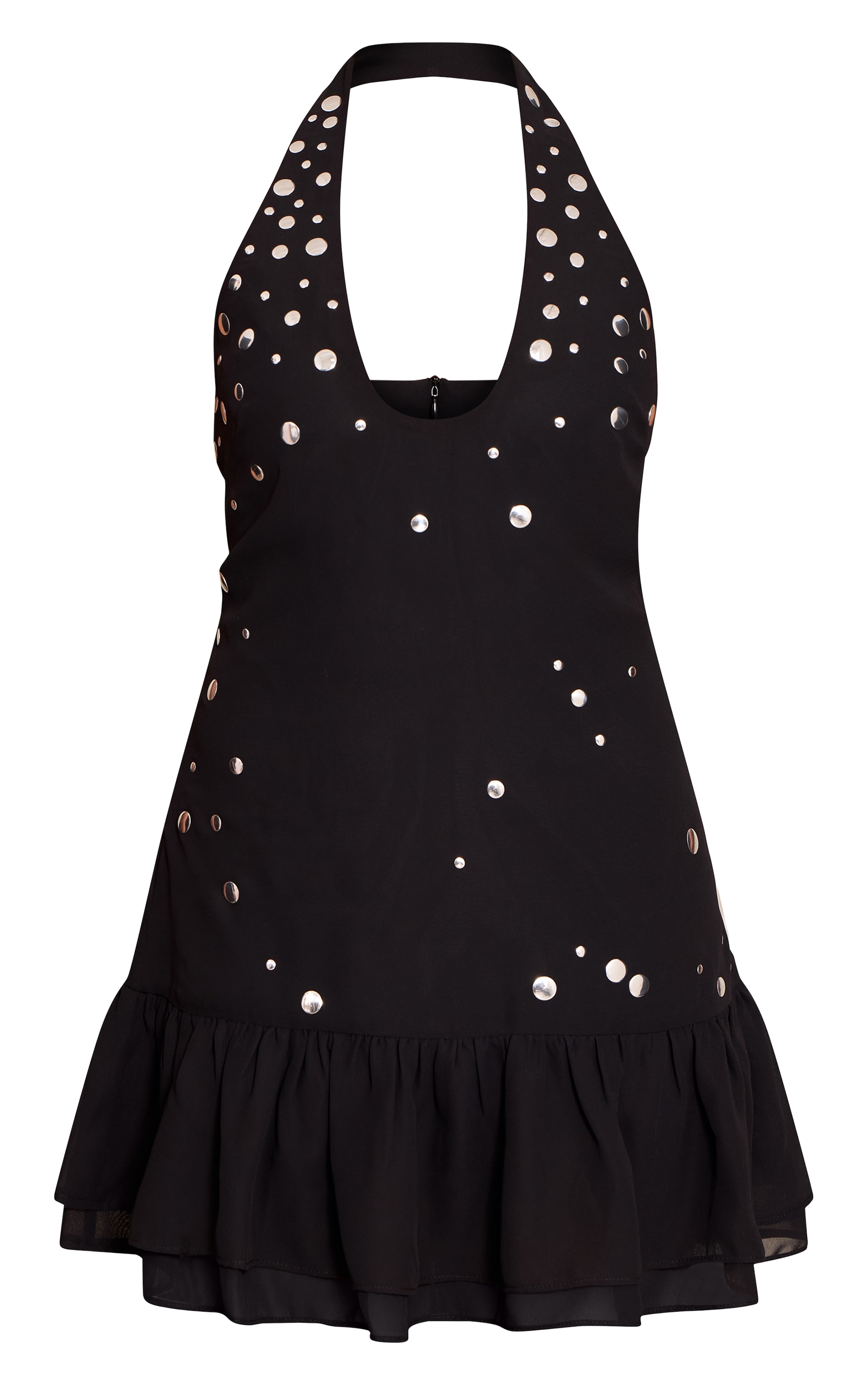 Petite Black Ruffle Stud Detail Halterneck Dress image 5