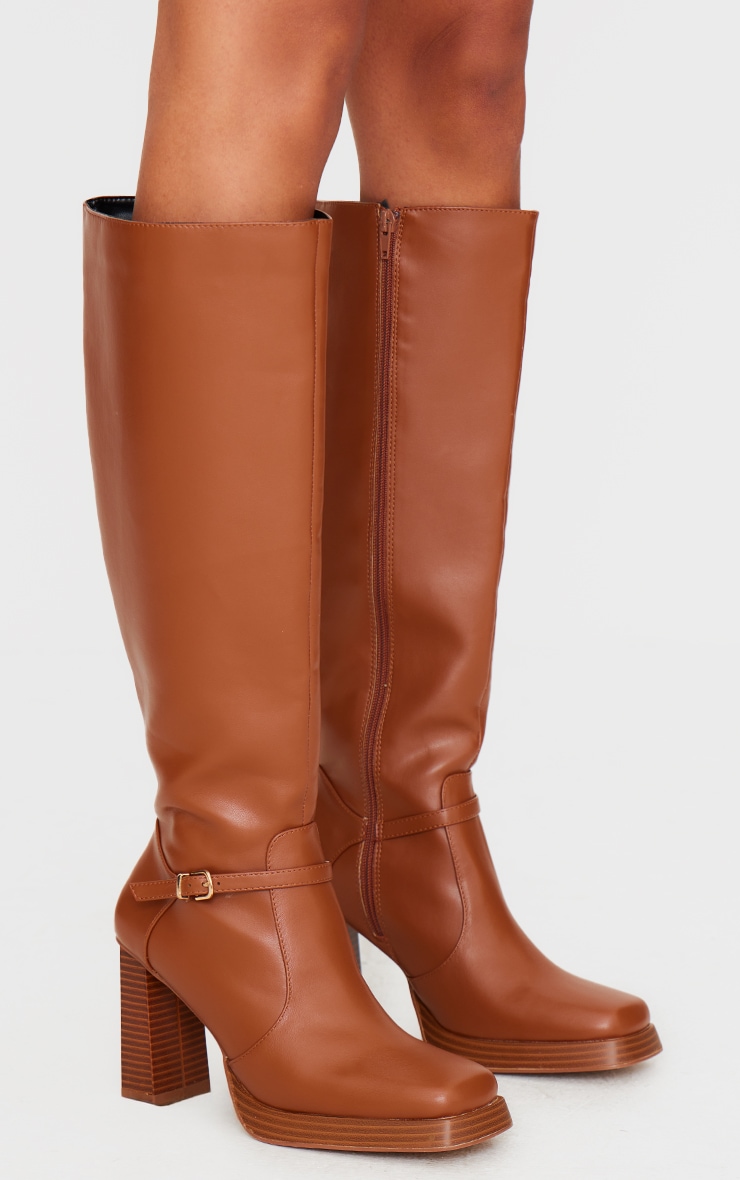 Tan PU Round Toe Gold Buckle Knee High Heeled Boots image 3