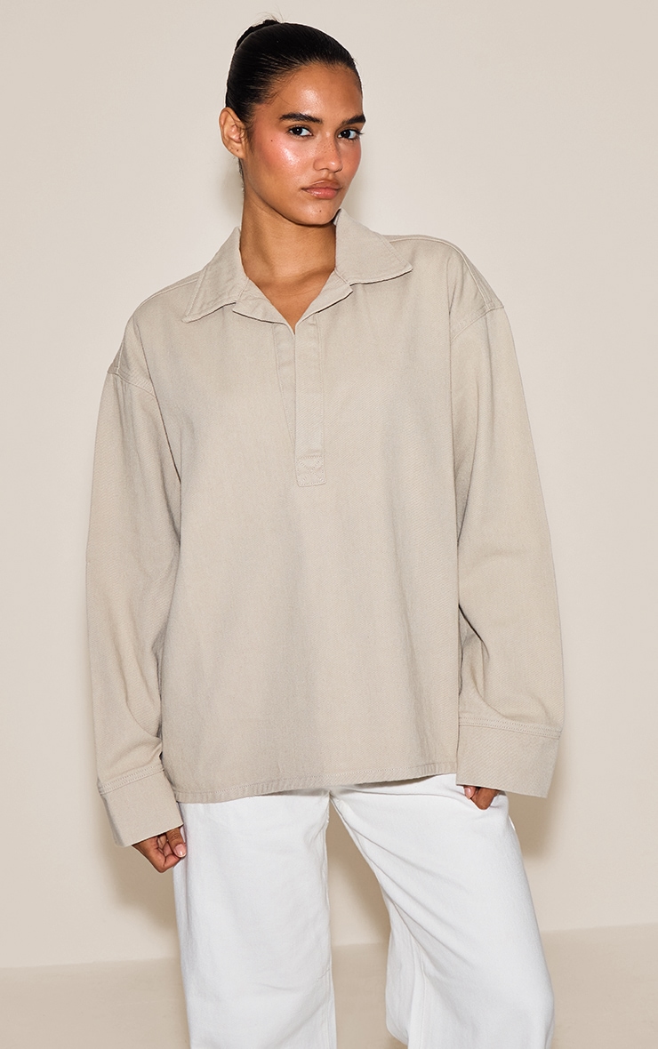 Stone Long Sleeve Oversized Denim Rugby Shirt image 4