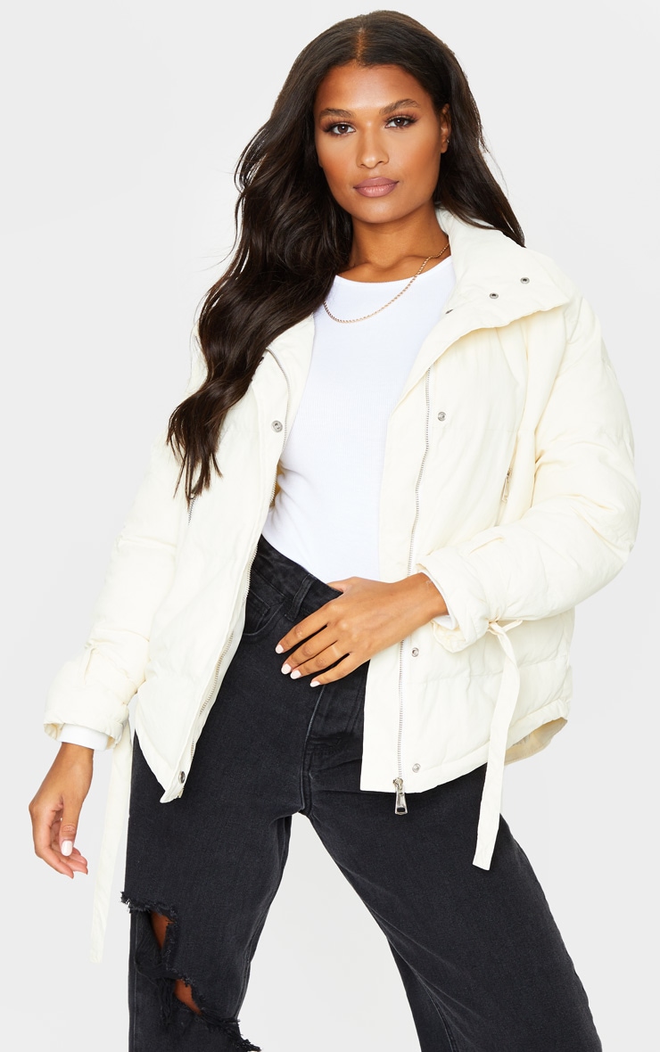 Cream High Collar Belted Wrist Panel Puffer Jacket
