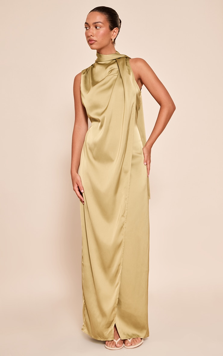 Olive Satin Scarf Detail Maxi Dress image 1