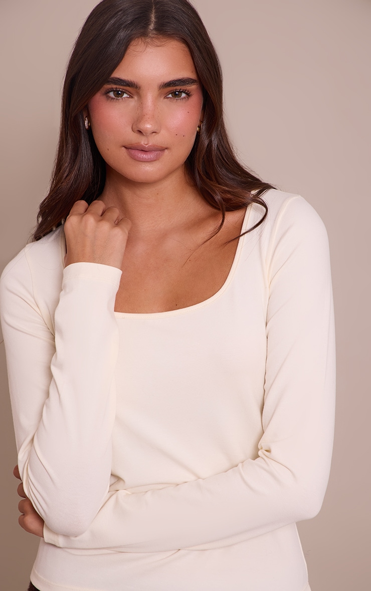 Cream Soft Cotton Scoop Neck Long Sleeve Top image 4